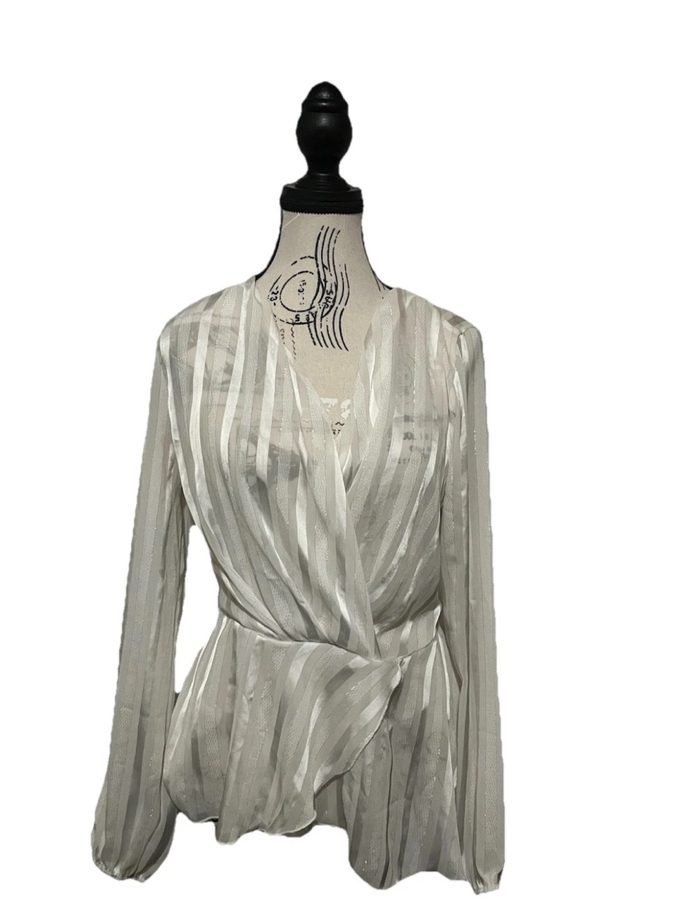 Y2K Women's Cream Size Medium Sheer Striped V Neck Long Sleeve Wrap Top Blouse - Picture 3 of 7